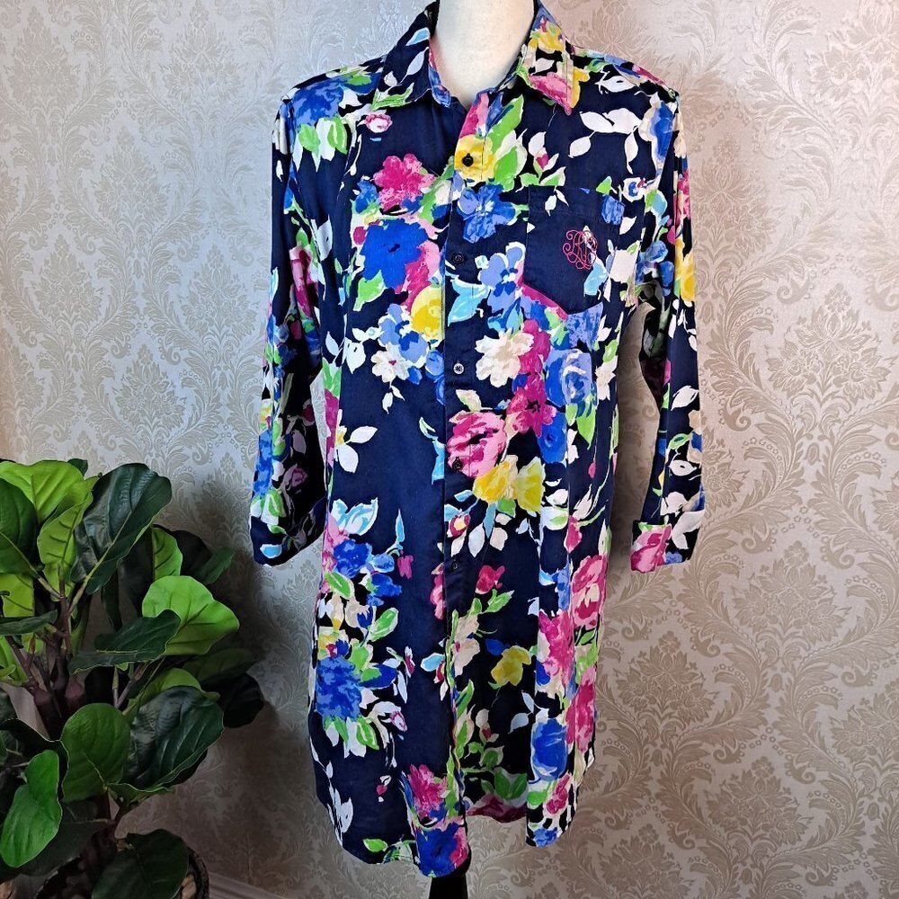 Lauren Ralph Lauren Size Medium Navy Floral Button Front Tunic 3/4 Sleeves EUC